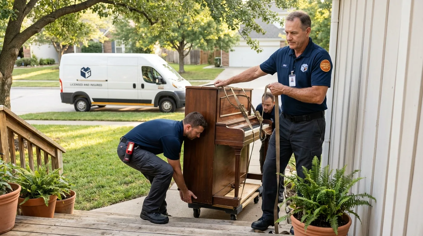 Licensed piano movers securing grand piano in Magee, MS