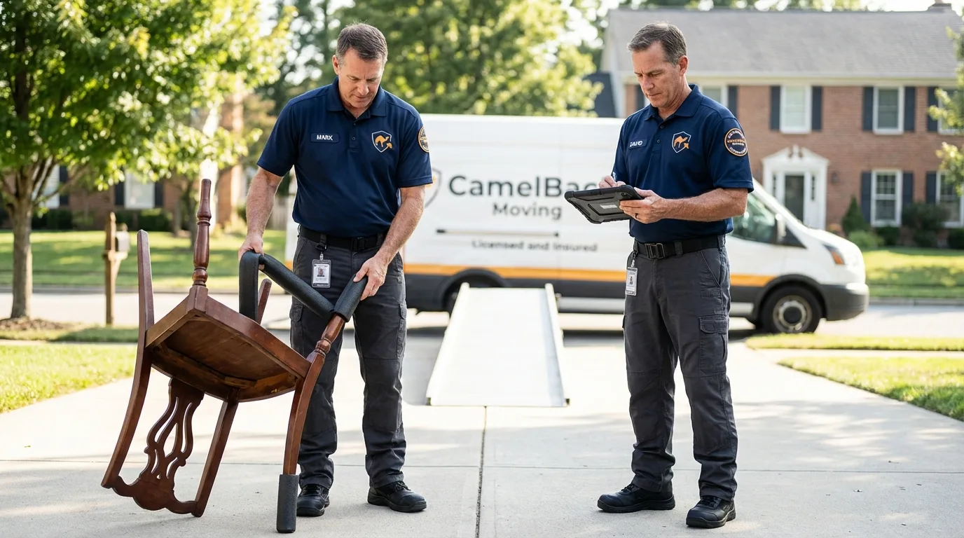 Movers inspecting furniture for damage prevention before loading in Magee, MS