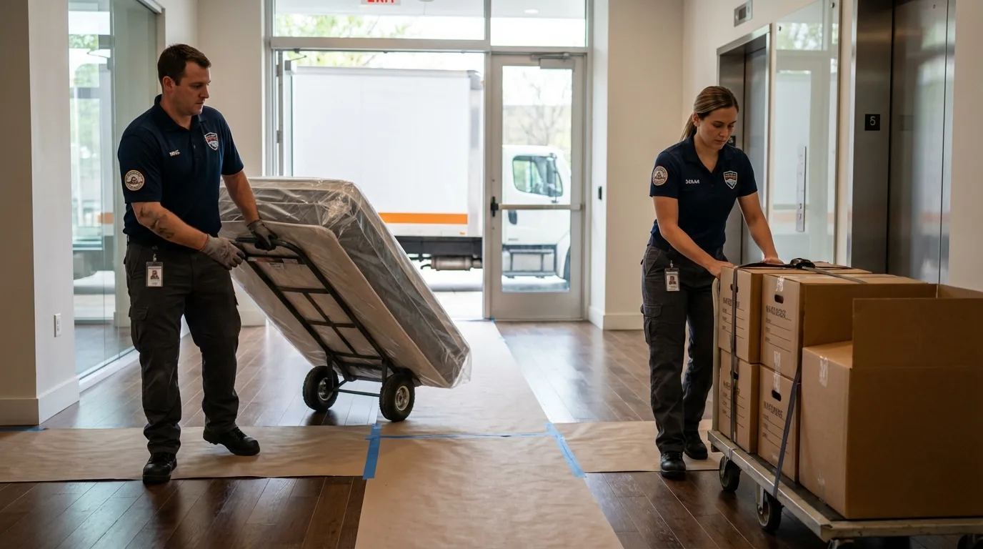 Professional apartment movers loading elevator in Magee, MS