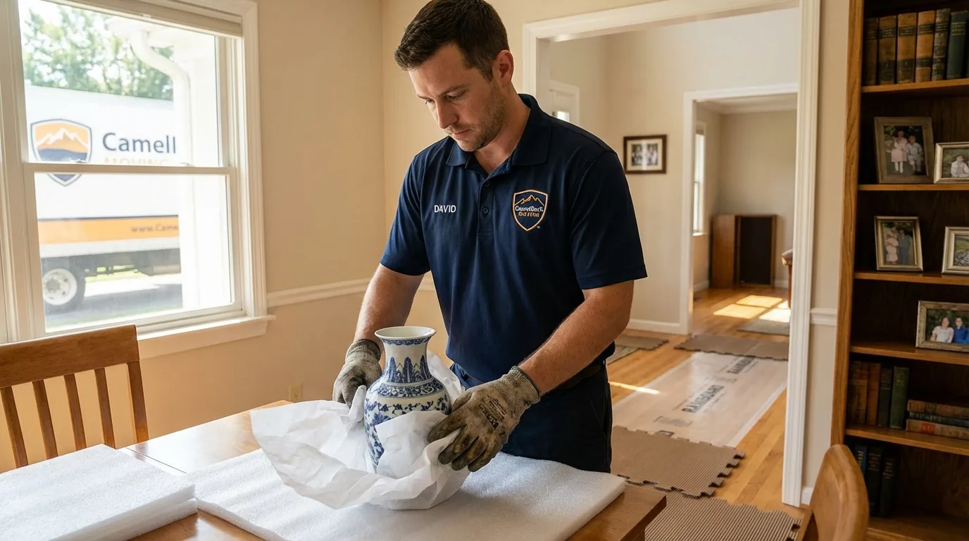 Professional crew carefully wrapping antique vase for senior downsizing move in Magee, MS
